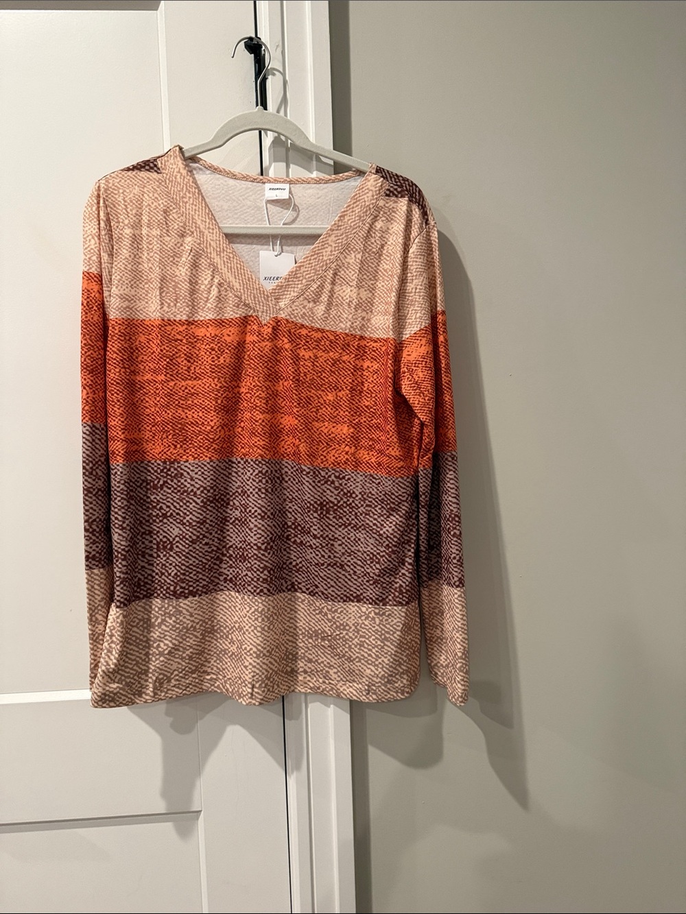 Striped V-Neck Long Sleeve Top in Orange and Beige